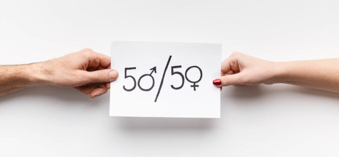 Gender parity. Man and woman holding paper with text 50/50, zeros as female and male symbols, copy space Egalité professionnelle : Précisions sur les modalités de publication de l’Index Egalité Professionnelle